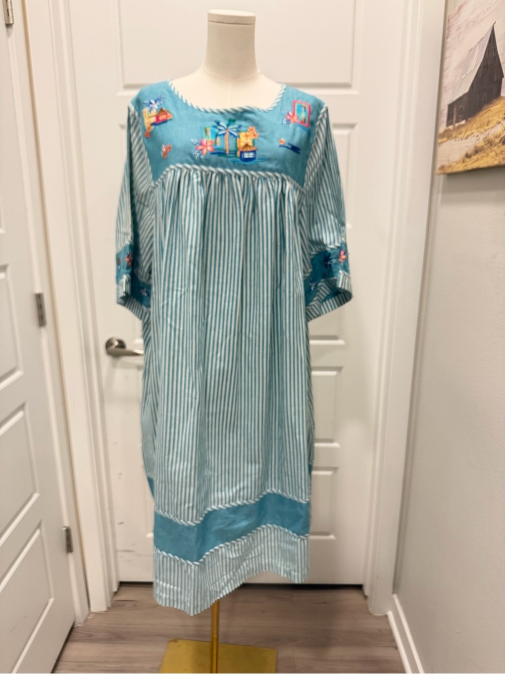 Bechamel Blue Stripe Patio Dress with Tropical Embroidery